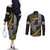 Hawaii King Kamehameha The Great Couples Matching Off The Shoulder Long Sleeve Dress and Long Sleeve Button Shirt Gold Tribal Tattoo
