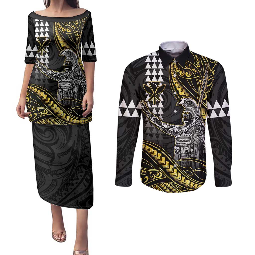 Hawaii King Kamehameha The Great Couples Matching Puletasi and Long Sleeve Button Shirt Gold Tribal Tattoo