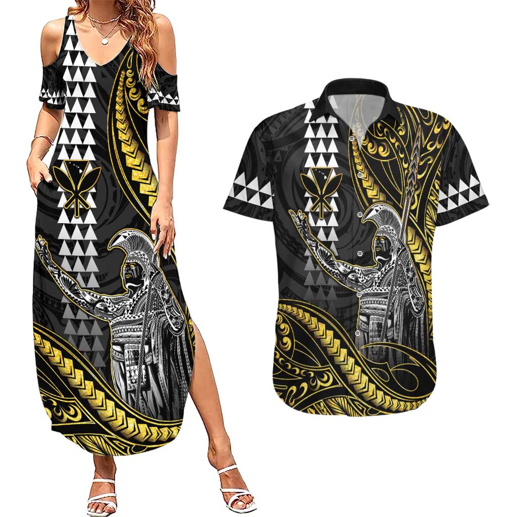 Hawaii King Kamehameha The Great Couples Matching Summer Maxi Dress and Hawaiian Shirt Gold Tribal Tattoo