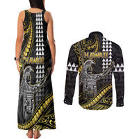Hawaii King Kamehameha The Great Couples Matching Tank Maxi Dress and Long Sleeve Button Shirt Gold Tribal Tattoo