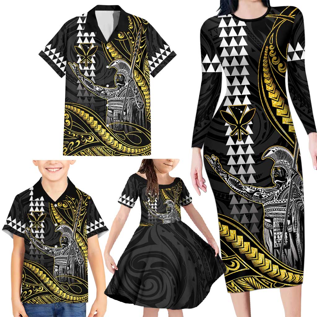 Hawaii King Kamehameha The Great Family Matching Long Sleeve Bodycon Dress and Hawaiian Shirt Gold Tribal Tattoo