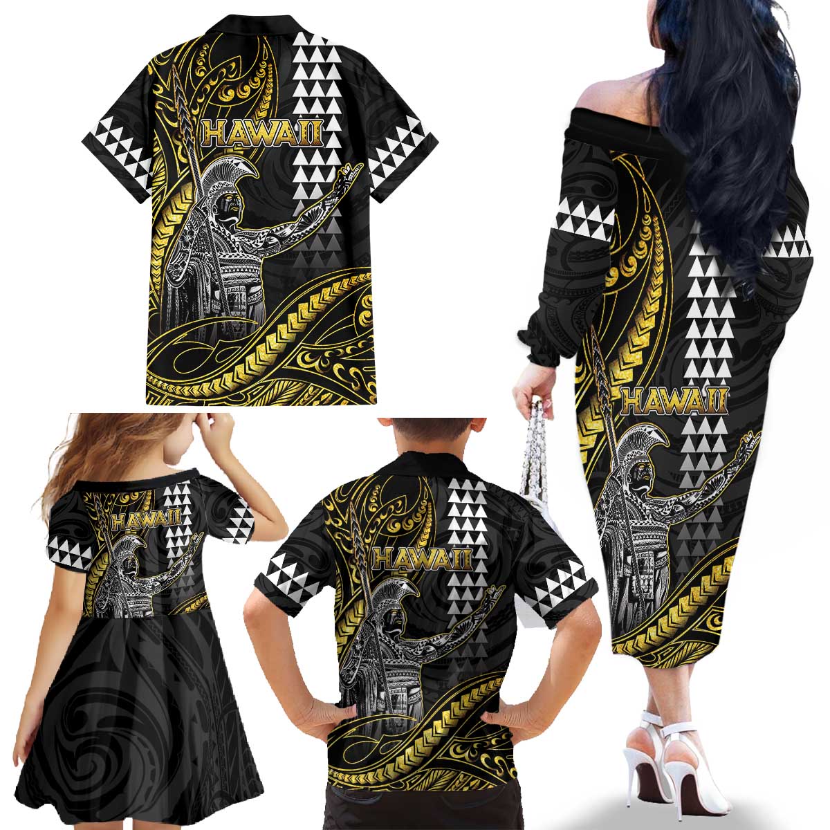 Hawaii King Kamehameha The Great Family Matching Off The Shoulder Long Sleeve Dress and Hawaiian Shirt Gold Tribal Tattoo