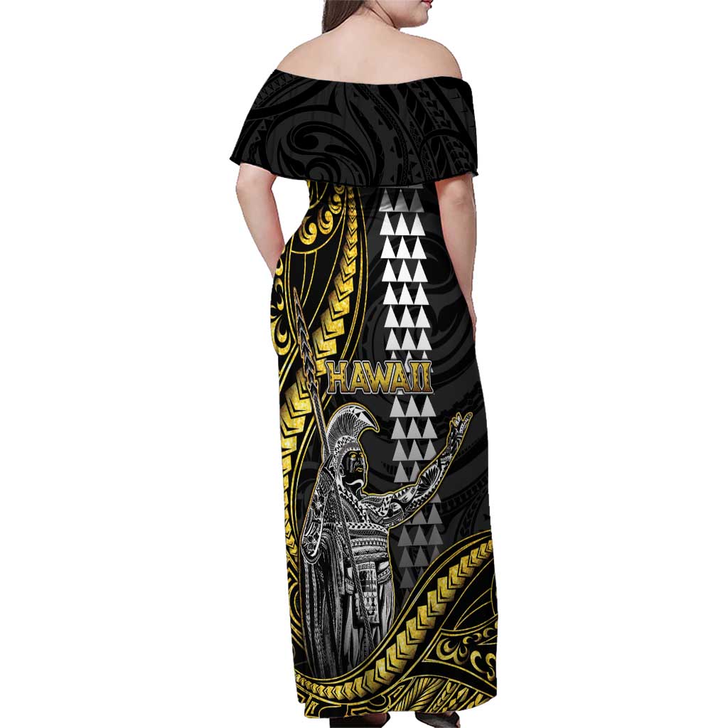 Hawaii King Kamehameha The Great Family Matching Off Shoulder Maxi Dress and Hawaiian Shirt Gold Tribal Tattoo