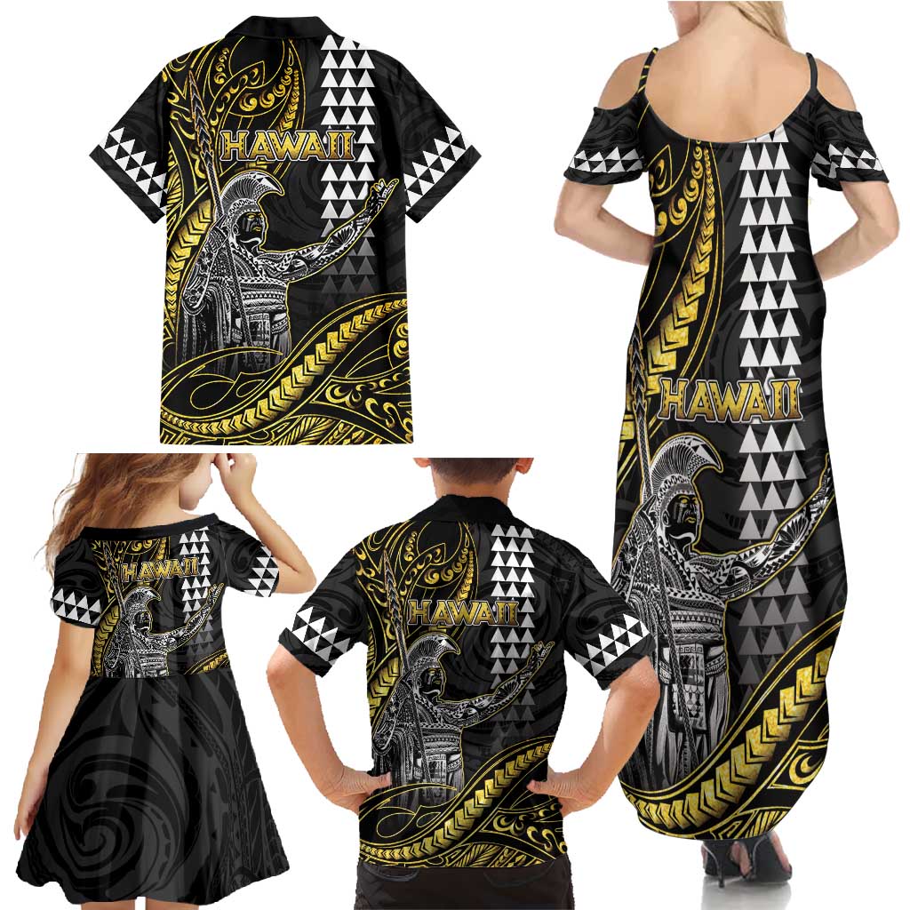 Hawaii King Kamehameha The Great Family Matching Summer Maxi Dress and Hawaiian Shirt Gold Tribal Tattoo