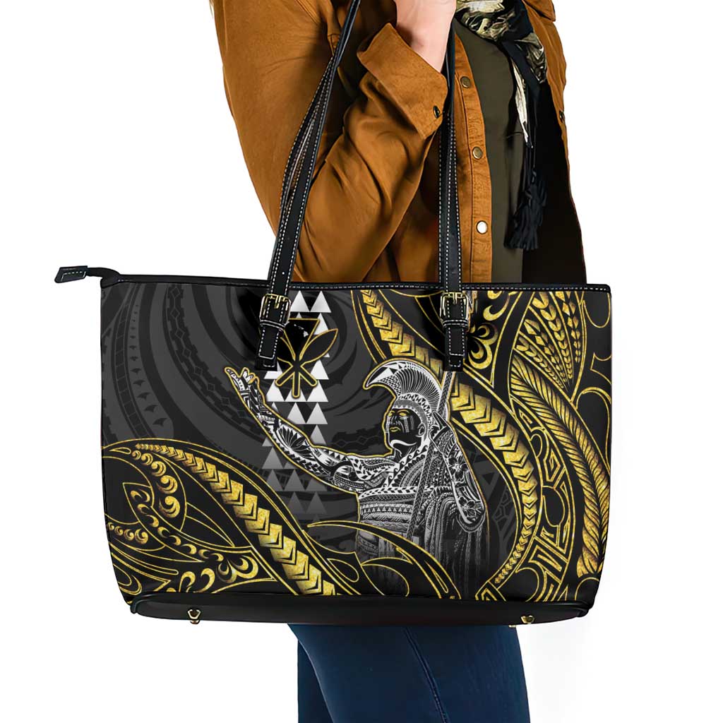 Hawaii King Kamehameha The Great Leather Tote Bag Gold Tribal Tattoo