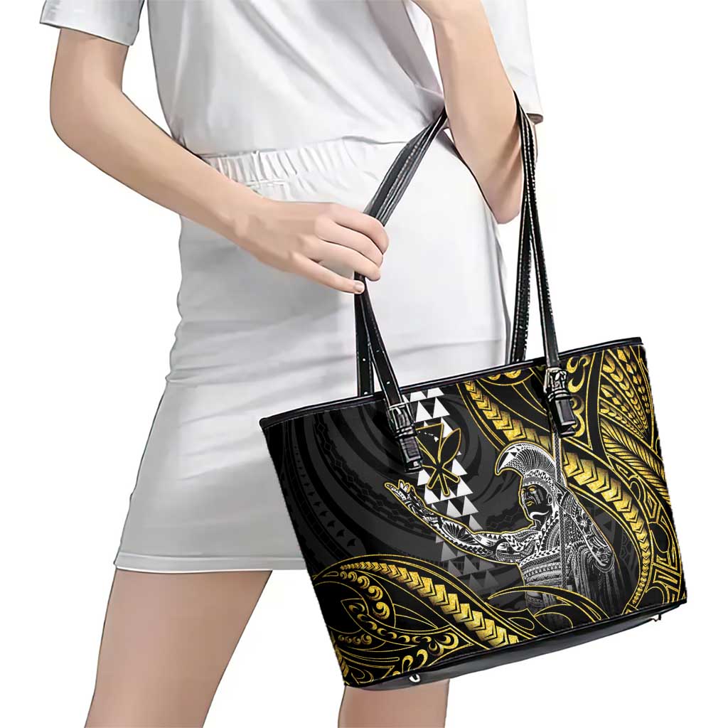 Hawaii King Kamehameha The Great Leather Tote Bag Gold Tribal Tattoo