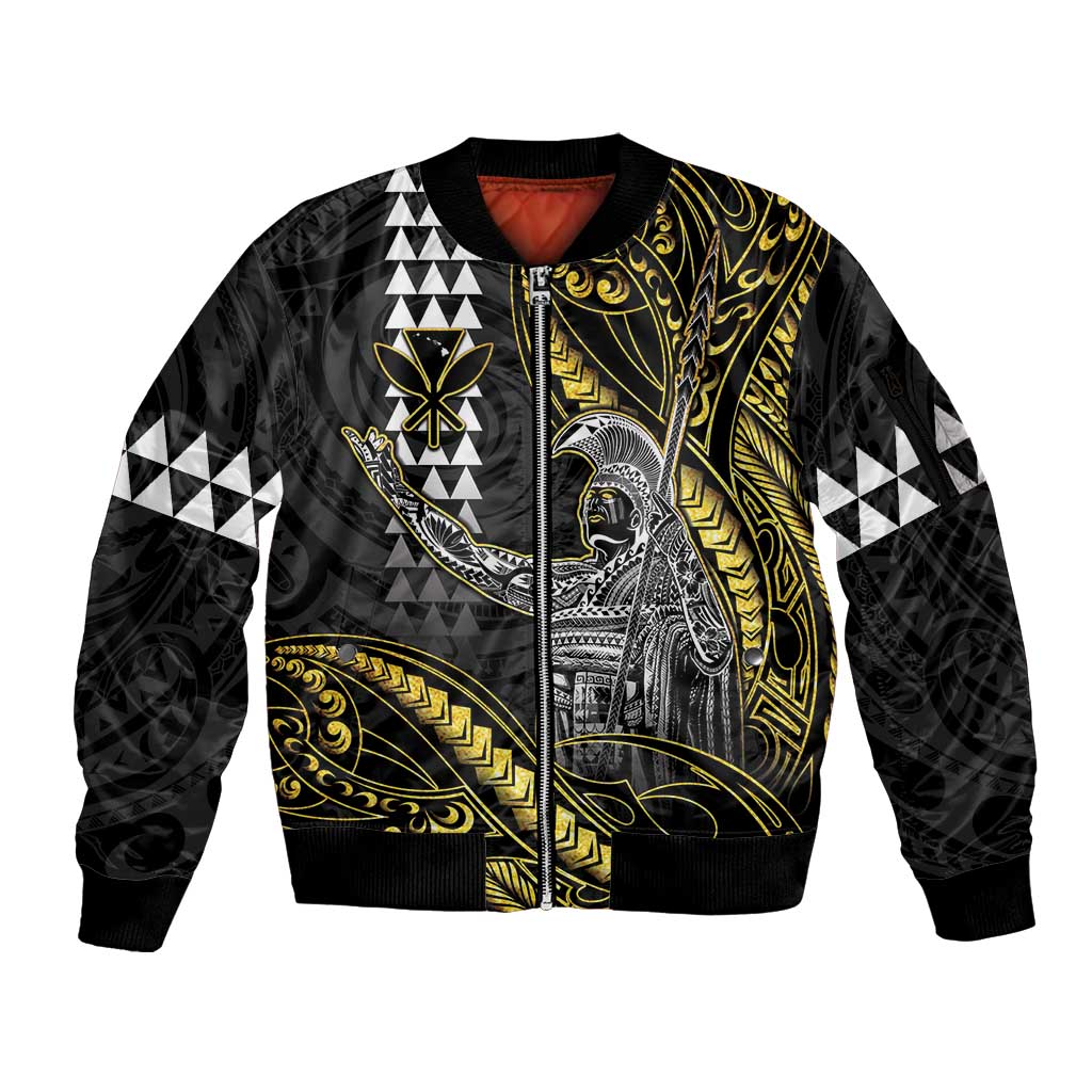 Hawaii King Kamehameha The Great Sleeve Zip Bomber Jacket Gold Tribal Tattoo