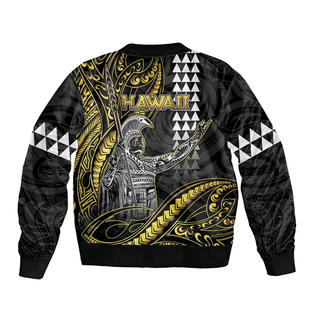 Hawaii King Kamehameha The Great Sleeve Zip Bomber Jacket Gold Tribal Tattoo