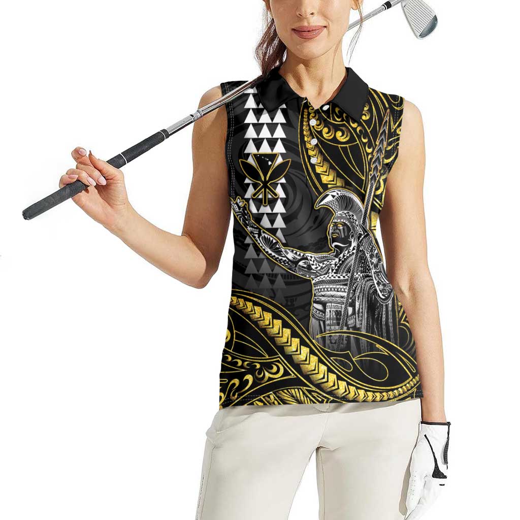 Hawaii King Kamehameha The Great Women Sleeveless Polo Shirt Gold Tribal Tattoo