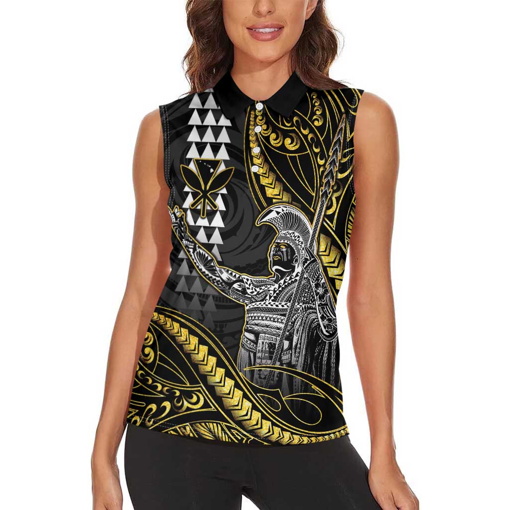 Hawaii King Kamehameha The Great Women Sleeveless Polo Shirt Gold Tribal Tattoo