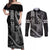 Hawaii King Kamehameha The Great Couples Matching Off Shoulder Maxi Dress and Long Sleeve Button Shirt Black Tribal Tattoo