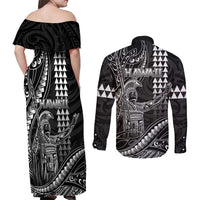 Hawaii King Kamehameha The Great Couples Matching Off Shoulder Maxi Dress and Long Sleeve Button Shirt Black Tribal Tattoo