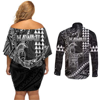 Hawaii King Kamehameha The Great Couples Matching Off Shoulder Short Dress and Long Sleeve Button Shirt Black Tribal Tattoo