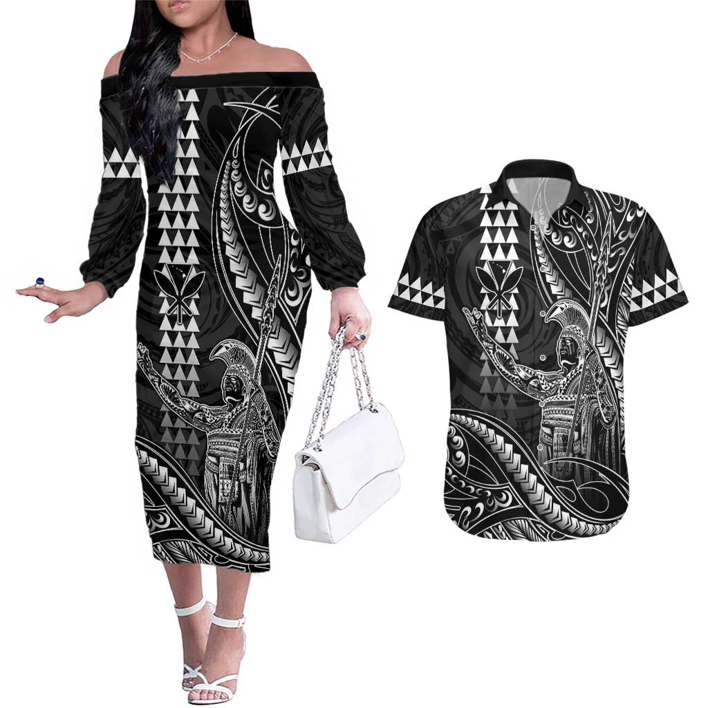 Hawaii King Kamehameha The Great Couples Matching Off The Shoulder Long Sleeve Dress and Hawaiian Shirt Black Tribal Tattoo