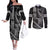 Hawaii King Kamehameha The Great Couples Matching Off The Shoulder Long Sleeve Dress and Long Sleeve Button Shirt Black Tribal Tattoo