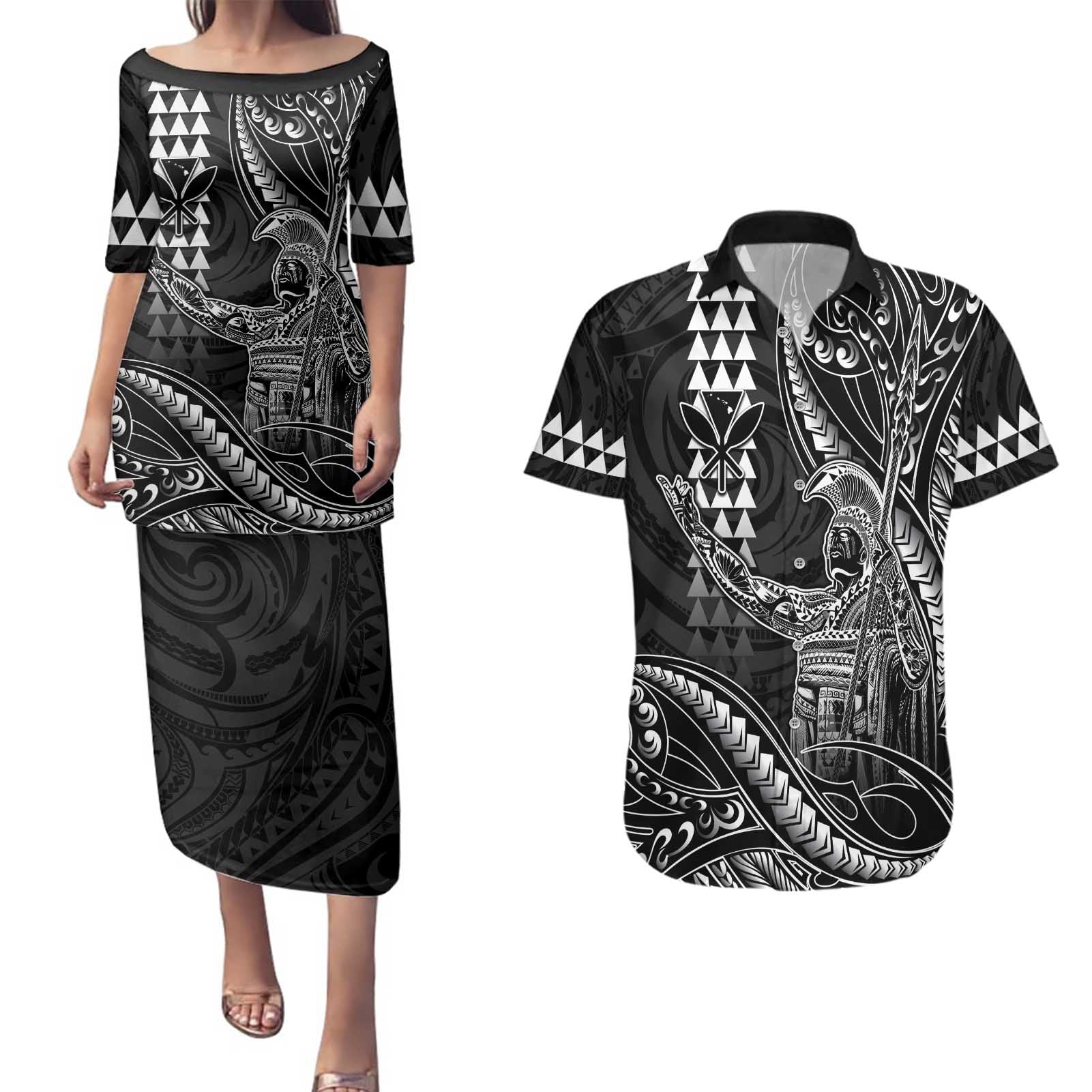 Hawaii King Kamehameha The Great Couples Matching Puletasi and Hawaiian Shirt Black Tribal Tattoo