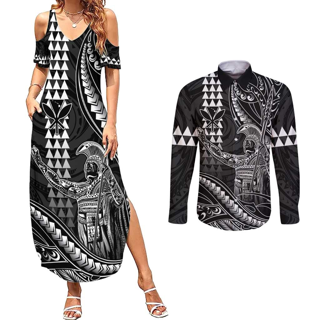 Hawaii King Kamehameha The Great Couples Matching Summer Maxi Dress and Long Sleeve Button Shirt Black Tribal Tattoo
