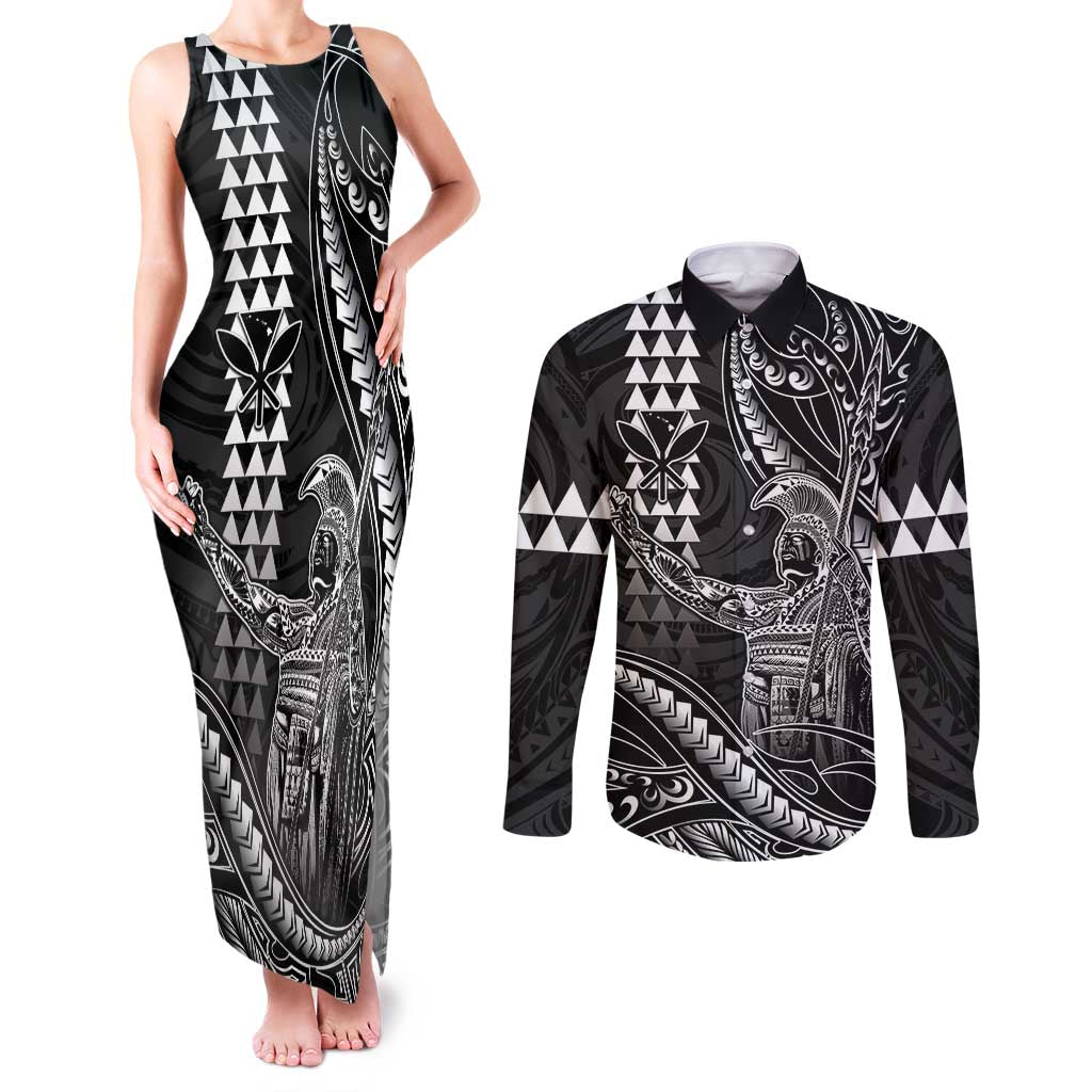 Hawaii King Kamehameha The Great Couples Matching Tank Maxi Dress and Long Sleeve Button Shirt Black Tribal Tattoo