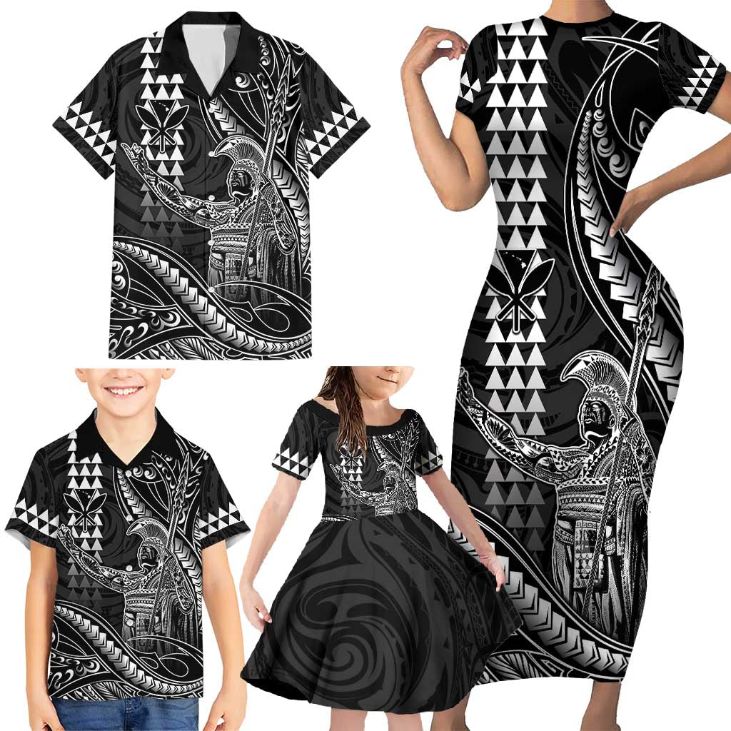 Hawaii King Kamehameha The Great Family Matching Short Sleeve Bodycon Dress and Hawaiian Shirt Black Tribal Tattoo
