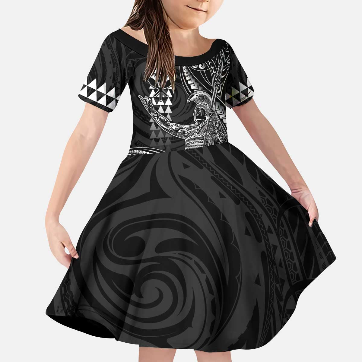 Hawaii King Kamehameha The Great Kid Short Sleeve Dress Black Tribal Tattoo