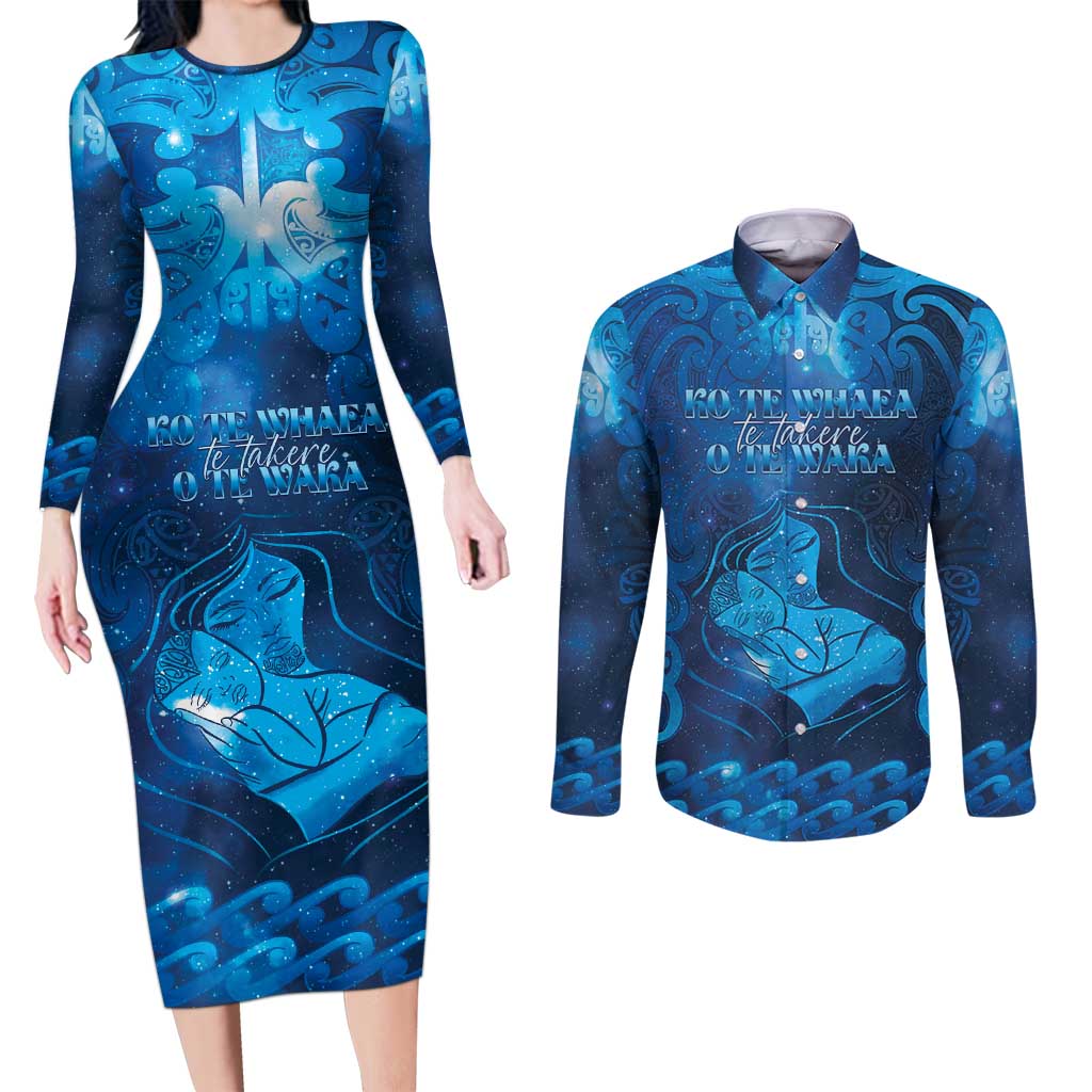 Personalised New Zealand Mother's Day Couples Matching Long Sleeve Bodycon Dress and Long Sleeve Button Shirt Ko Te Whaea Te Takere O Te Waka LT05 Blue - Polynesian Pride