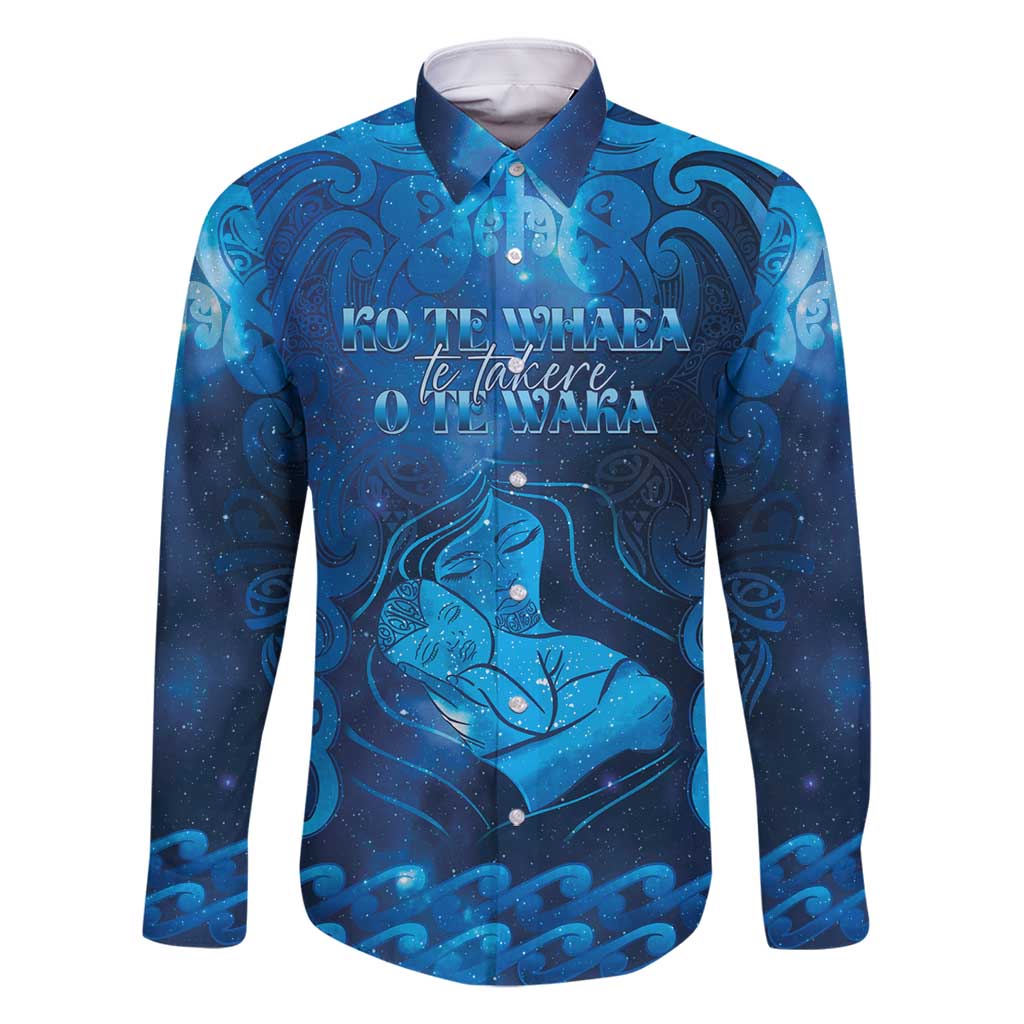 Personalised New Zealand Mother's Day Family Matching Long Sleeve Bodycon Dress and Hawaiian Shirt Ko Te Whaea Te Takere O Te Waka LT05 Dad's Shirt - Long Sleeve Blue - Polynesian Pride