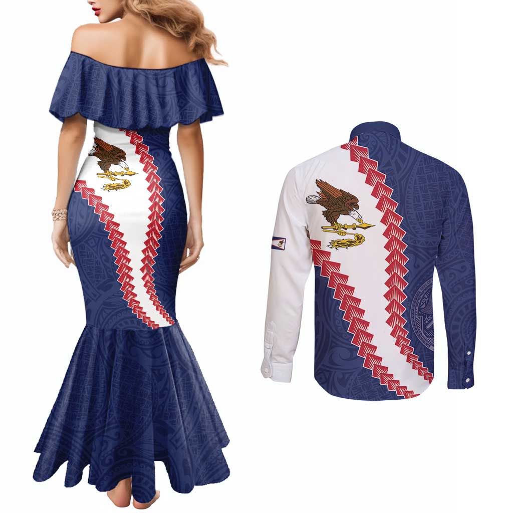 American Samoa Eagle Couples Matching Mermaid Dress and Long Sleeve Button Shirt Polynesian Tribal Pattern Curve Style LT05 - Polynesian Pride