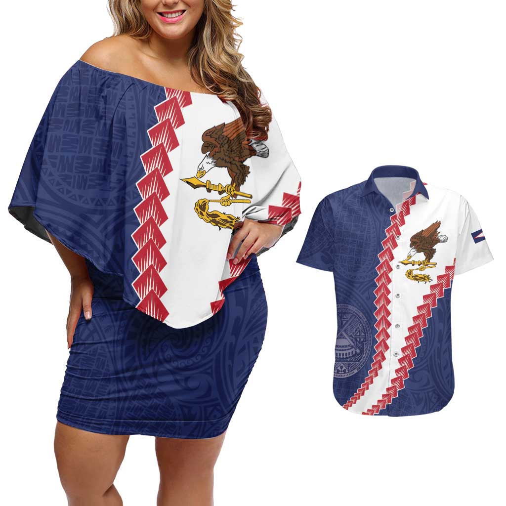 American Samoa Eagle Couples Matching Off Shoulder Short Dress and Hawaiian Shirt Polynesian Tribal Pattern Curve Style LT05 Blue - Polynesian Pride