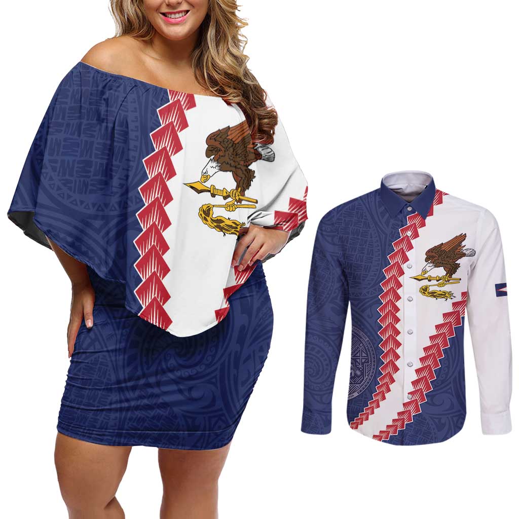 American Samoa Eagle Couples Matching Off Shoulder Short Dress and Long Sleeve Button Shirt Polynesian Tribal Pattern Curve Style LT05 Blue - Polynesian Pride