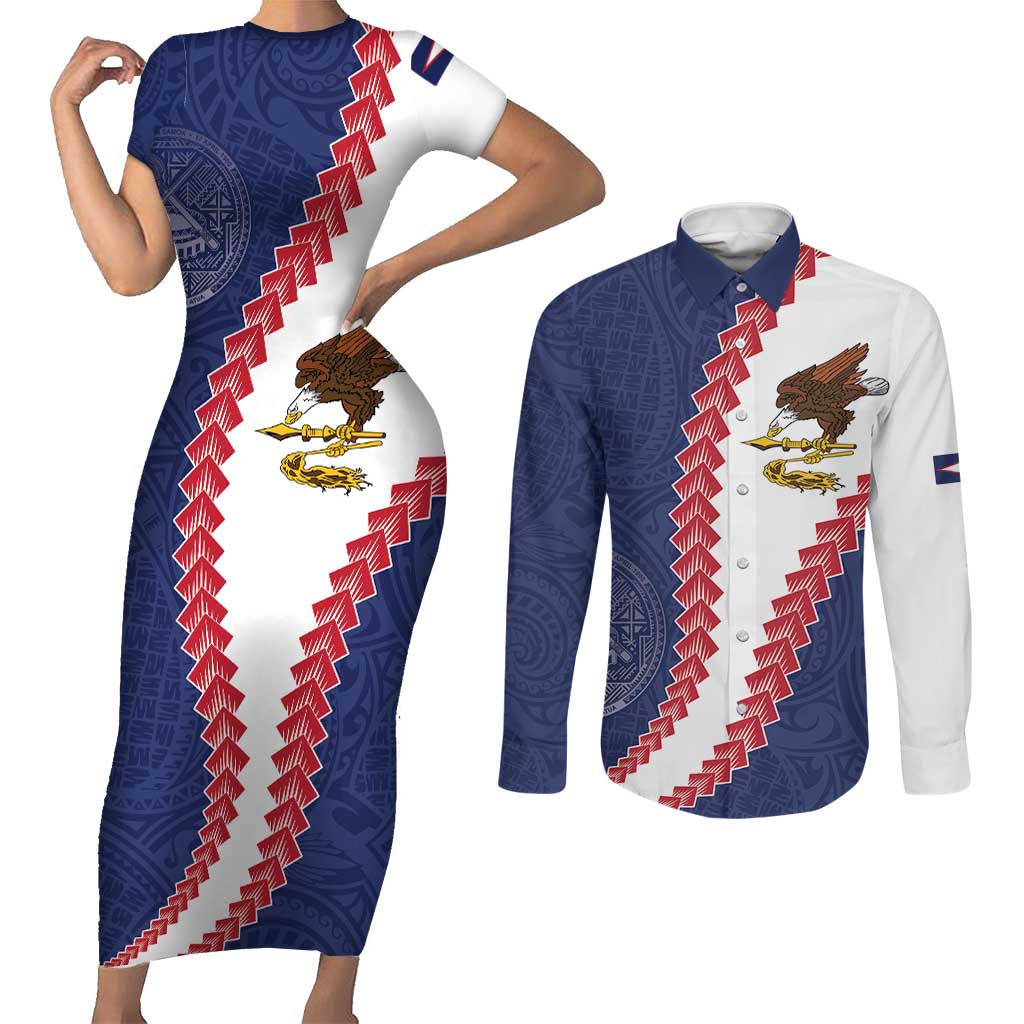 American Samoa Eagle Couples Matching Short Sleeve Bodycon Dress and Long Sleeve Button Shirt Polynesian Tribal Pattern Curve Style LT05 Blue - Polynesian Pride