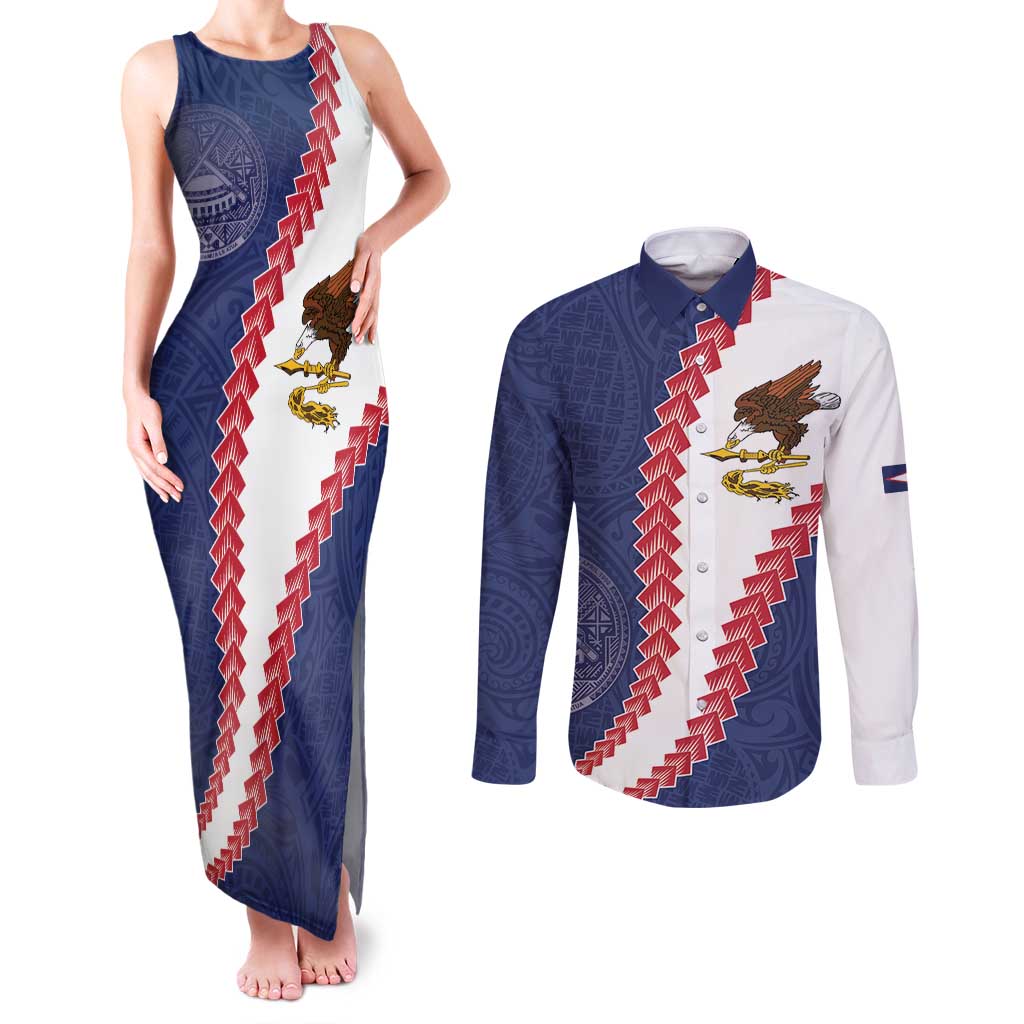 American Samoa Eagle Couples Matching Tank Maxi Dress and Long Sleeve Button Shirt Polynesian Tribal Pattern Curve Style LT05 Blue - Polynesian Pride