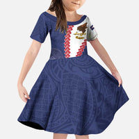 American Samoa Eagle Family Matching Off Shoulder Maxi Dress and Hawaiian Shirt Polynesian Tribal Pattern Curve Style LT05 Daughter's Dress Blue - Polynesian Pride
