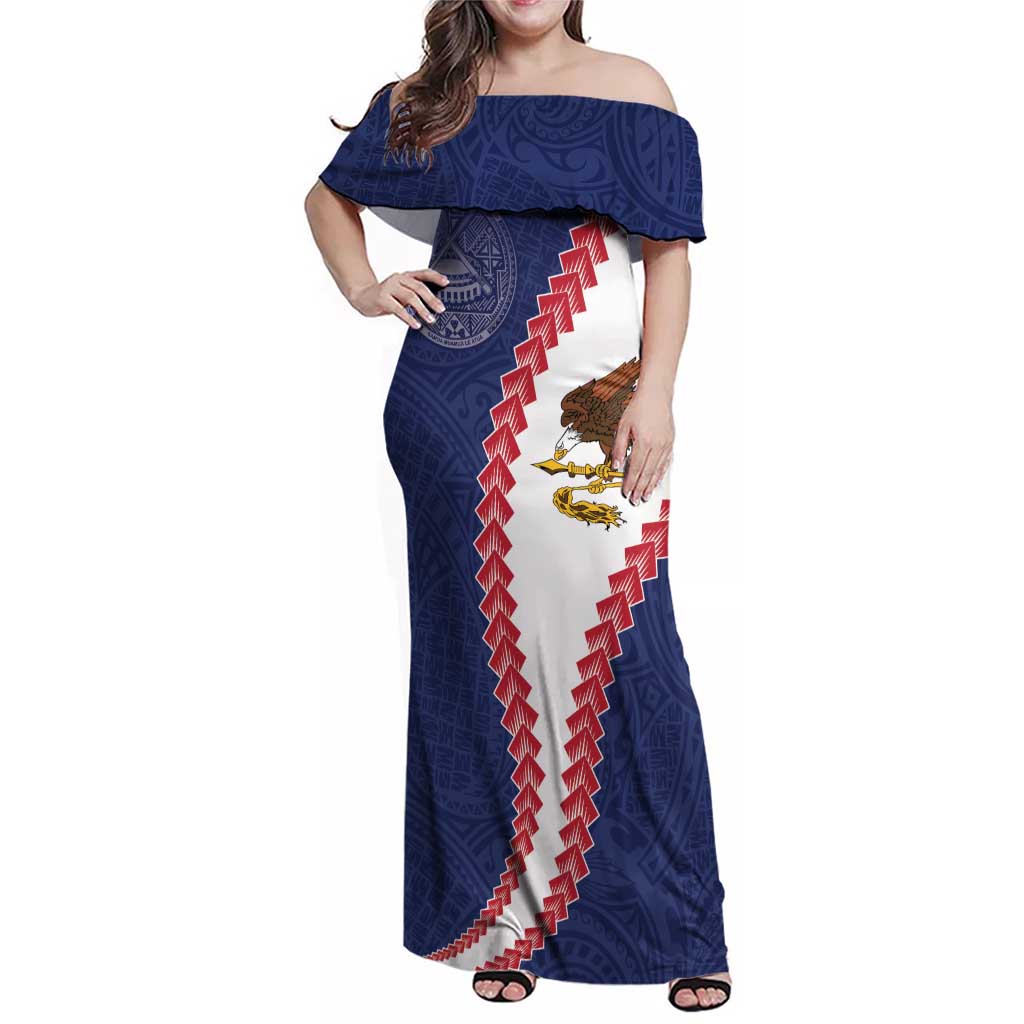 American Samoa Eagle Family Matching Off Shoulder Maxi Dress and Hawaiian Shirt Polynesian Tribal Pattern Curve Style LT05 Mom's Dress Blue - Polynesian Pride