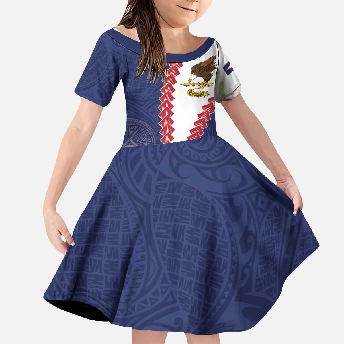 American Samoa Eagle Kid Short Sleeve Dress Polynesian Tribal Pattern Curve Style LT05 KID Blue - Polynesian Pride