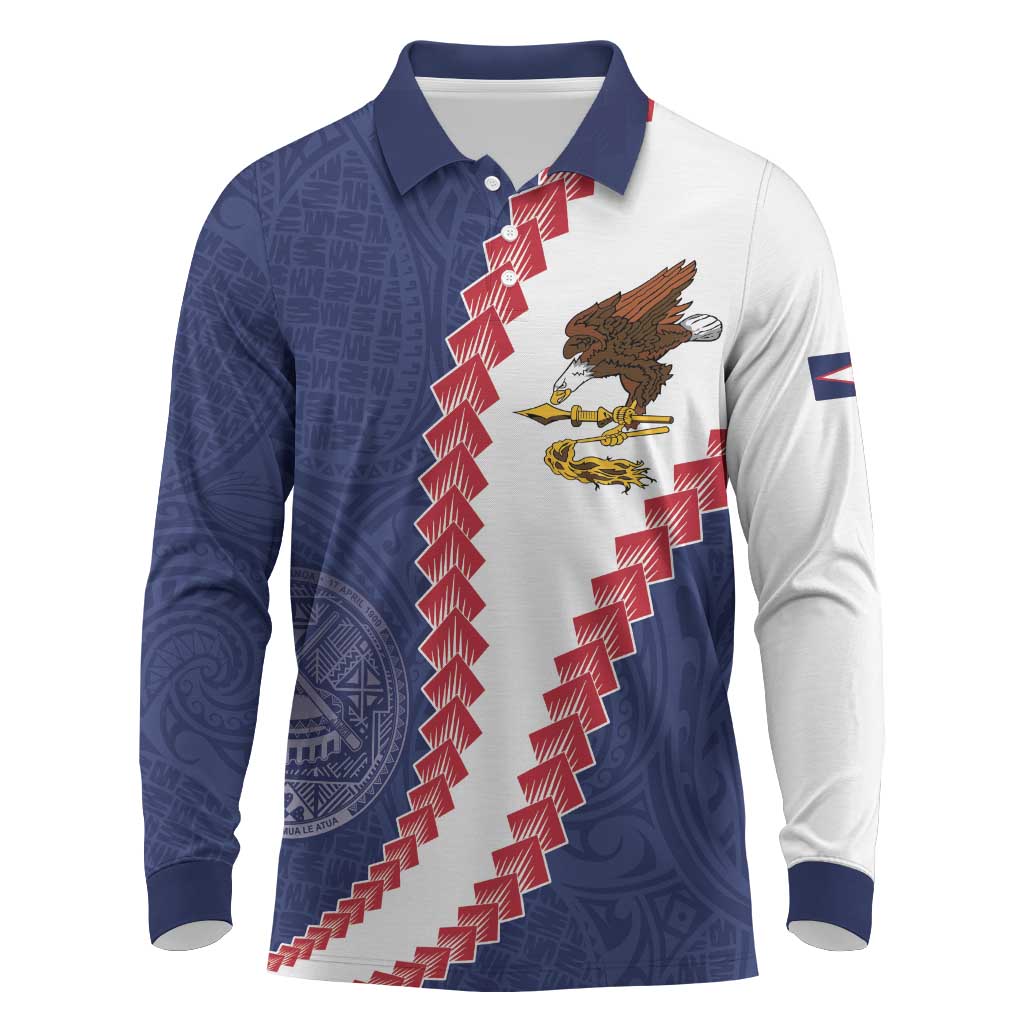 American Samoa Eagle Long Sleeve Polo Shirt Polynesian Tribal Pattern Curve Style LT05 Blue - Polynesian Pride