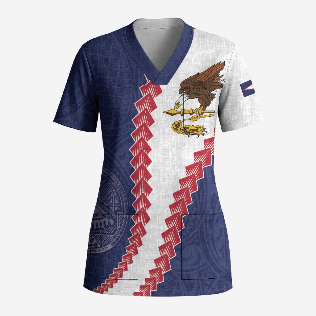 American Samoa Eagle Scrub Top Polynesian Tribal Pattern Curve Style