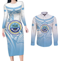 Micronesia Constitution Day Couples Matching Long Sleeve Bodycon Dress and Long Sleeve Button Shirt Polynesian Tribal Tattoo Simple Style LT05 Blue - Polynesian Pride