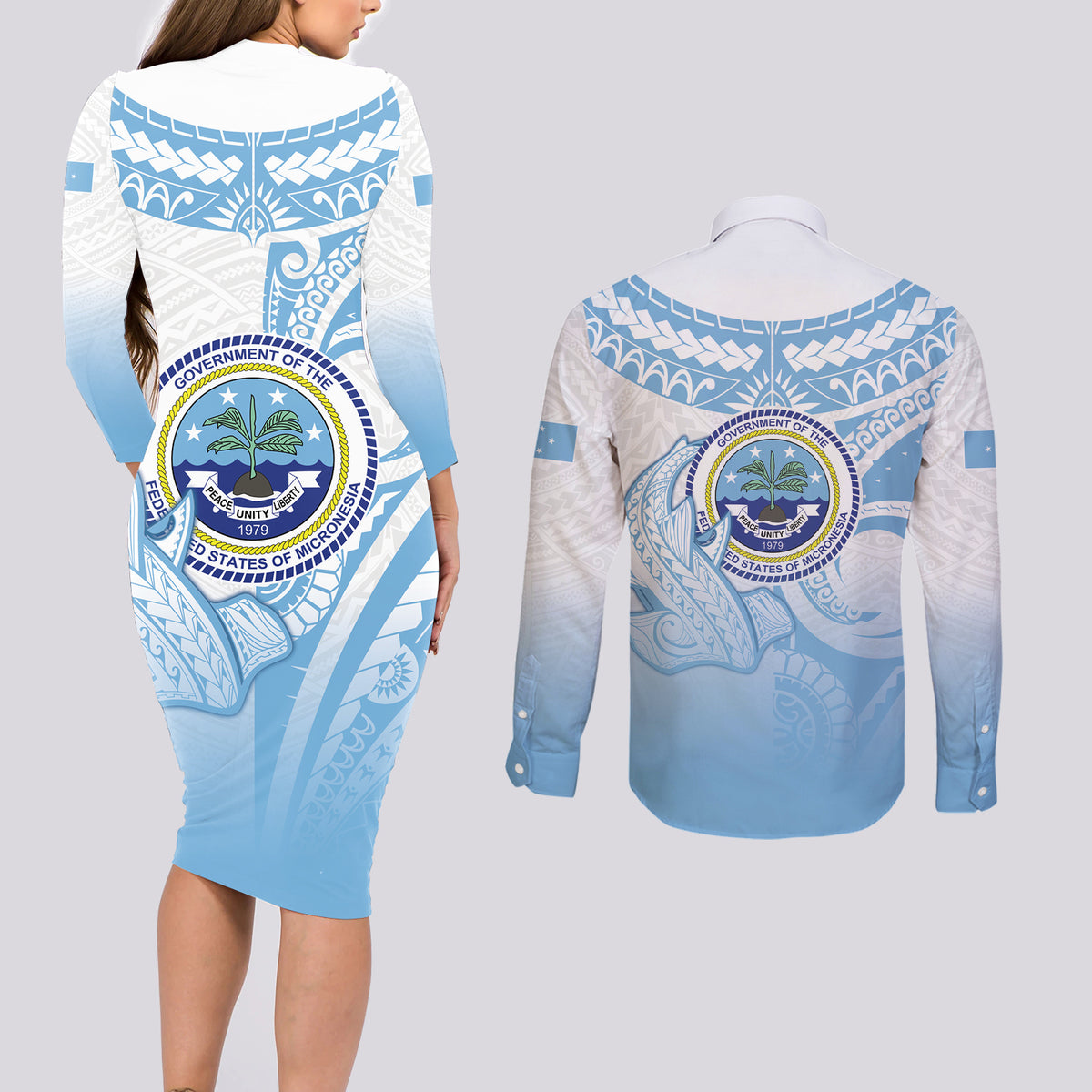 Micronesia Constitution Day Couples Matching Long Sleeve Bodycon Dress and Long Sleeve Button Shirt Polynesian Tribal Tattoo Simple Style LT05 - Polynesian Pride
