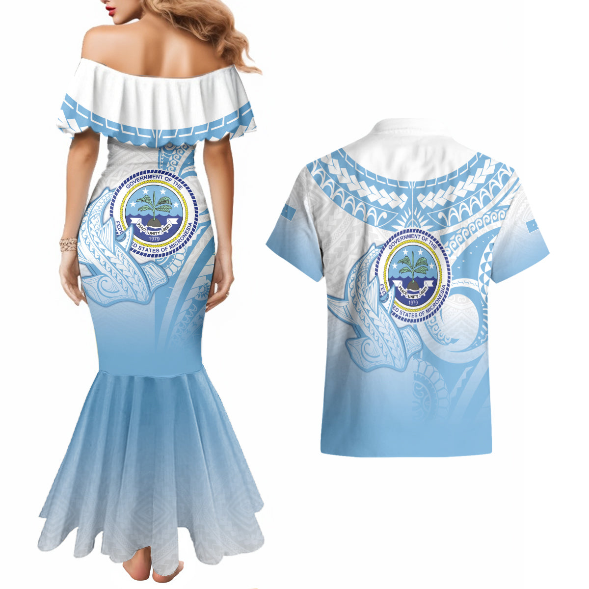 Micronesia Constitution Day Couples Matching Mermaid Dress and Hawaiian Shirt Polynesian Tribal Tattoo Simple Style