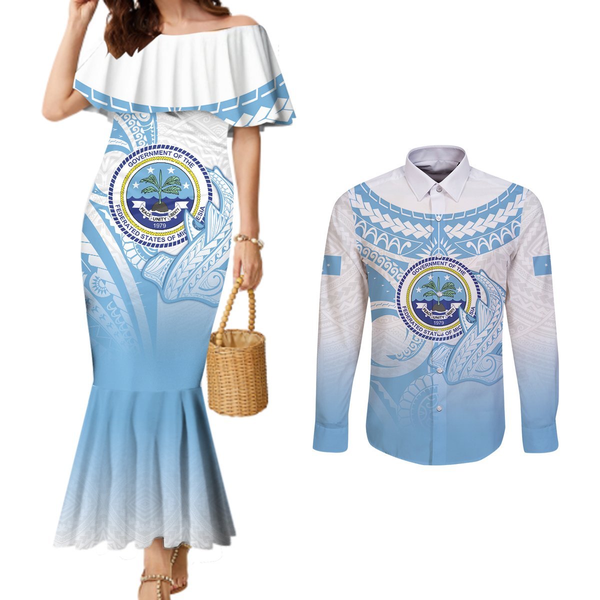 Micronesia Constitution Day Couples Matching Mermaid Dress and Long Sleeve Button Shirt Polynesian Tribal Tattoo Simple Style LT05 Blue - Polynesian Pride