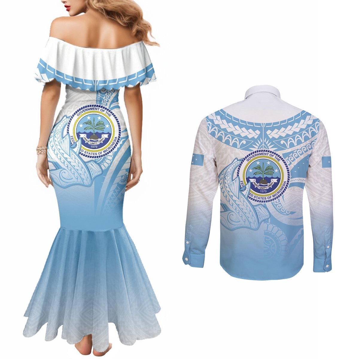 Micronesia Constitution Day Couples Matching Mermaid Dress and Long Sleeve Button Shirt Polynesian Tribal Tattoo Simple Style LT05 - Polynesian Pride