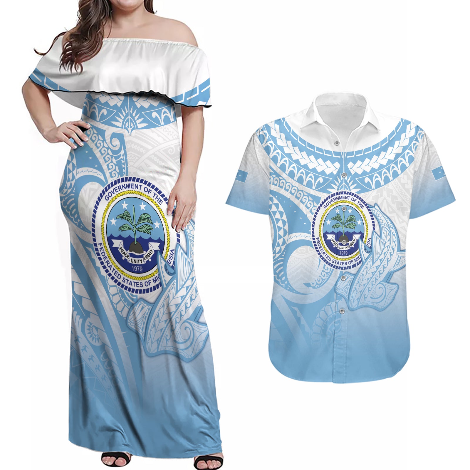 Micronesia Constitution Day Couples Matching Off Shoulder Maxi Dress and Hawaiian Shirt Polynesian Tribal Tattoo Simple Style LT05 Blue - Polynesian Pride