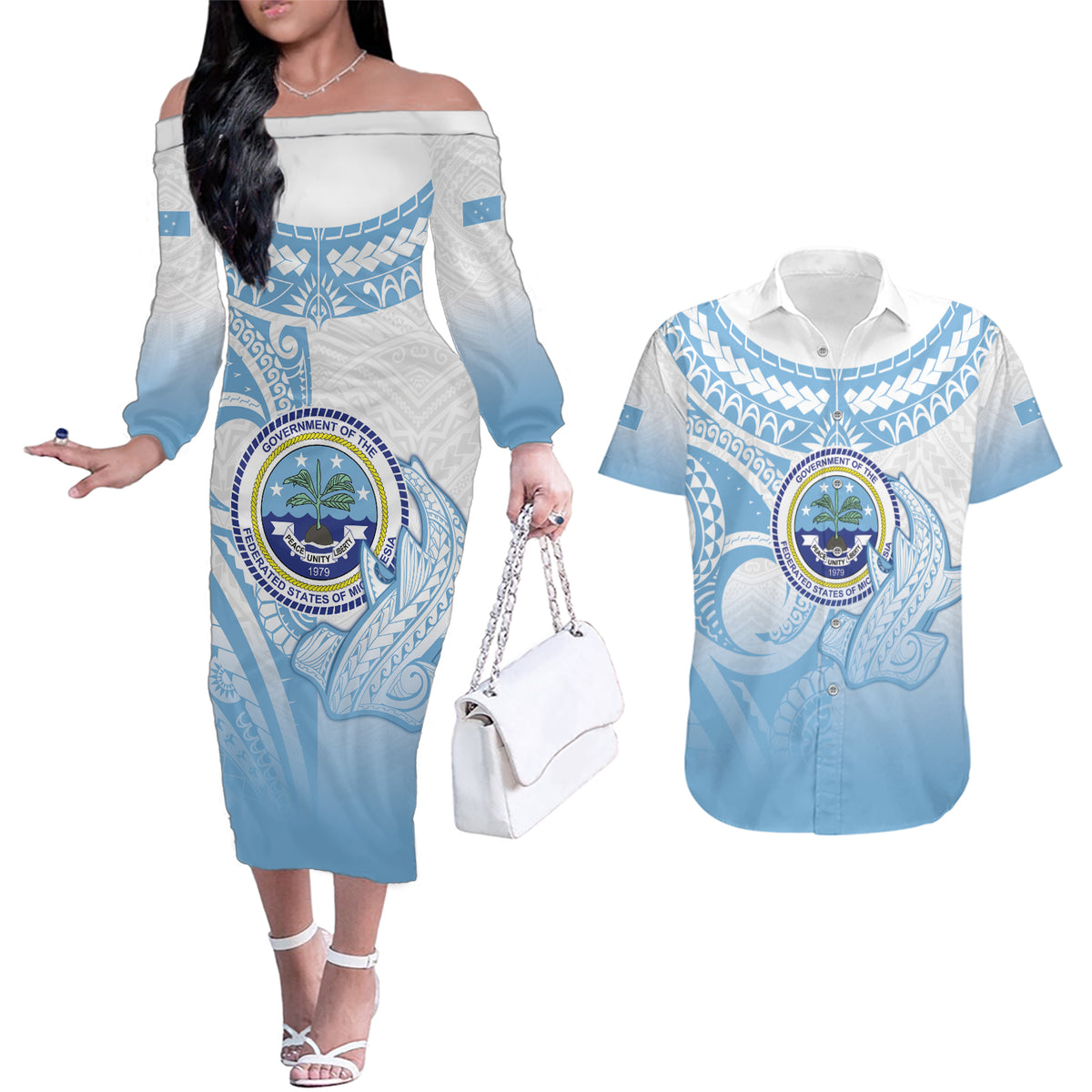 Micronesia Constitution Day Couples Matching Off The Shoulder Long Sleeve Dress and Hawaiian Shirt Polynesian Tribal Tattoo Simple Style