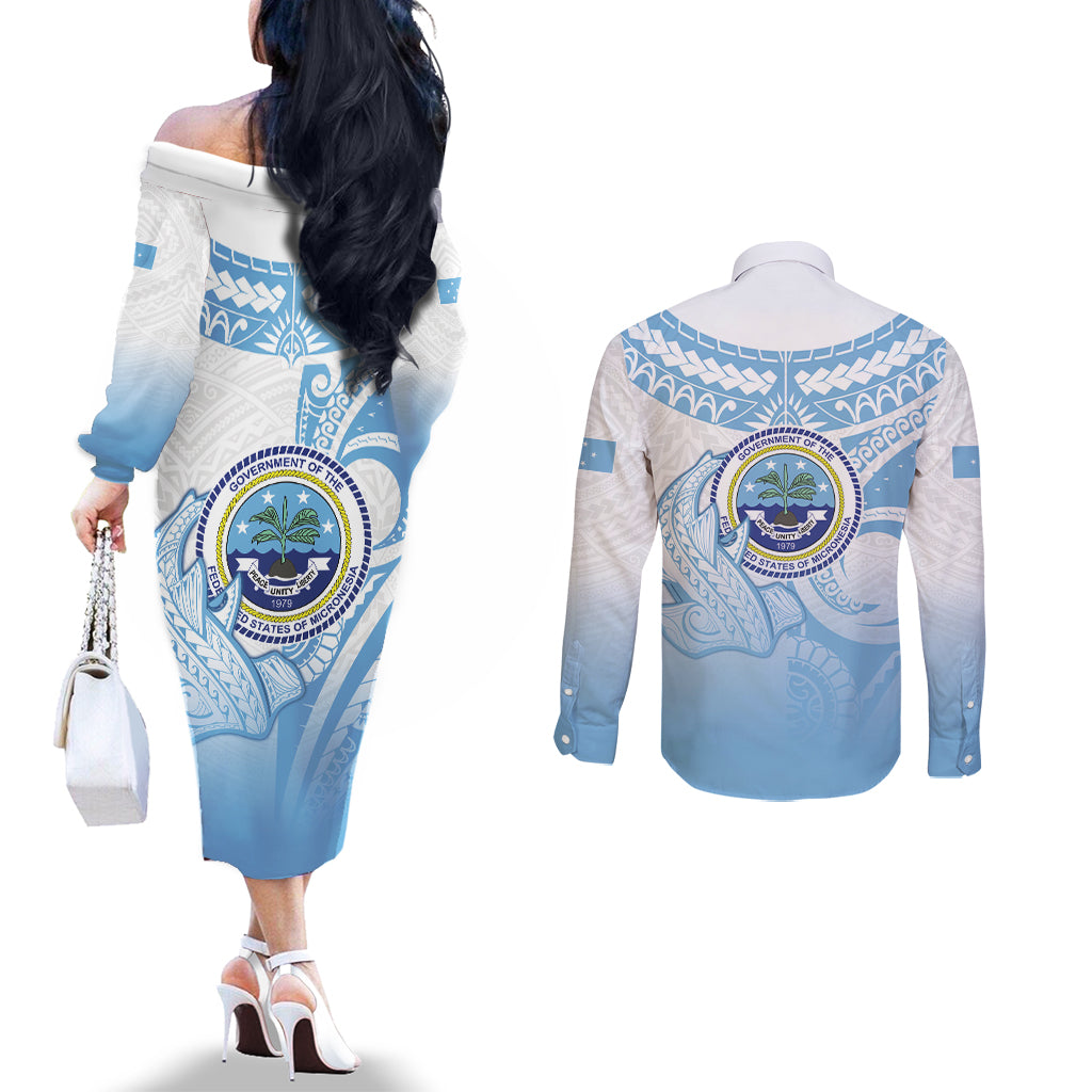 Micronesia Constitution Day Couples Matching Off The Shoulder Long Sleeve Dress and Long Sleeve Button Shirt Polynesian Tribal Tattoo Simple Style LT05 - Polynesian Pride
