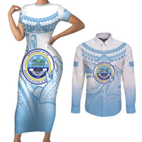 Micronesia Constitution Day Couples Matching Short Sleeve Bodycon Dress and Long Sleeve Button Shirt Polynesian Tribal Tattoo Simple Style