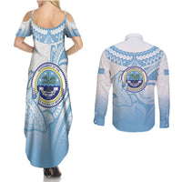 Micronesia Constitution Day Couples Matching Summer Maxi Dress and Long Sleeve Button Shirt Polynesian Tribal Tattoo Simple Style LT05 - Polynesian Pride