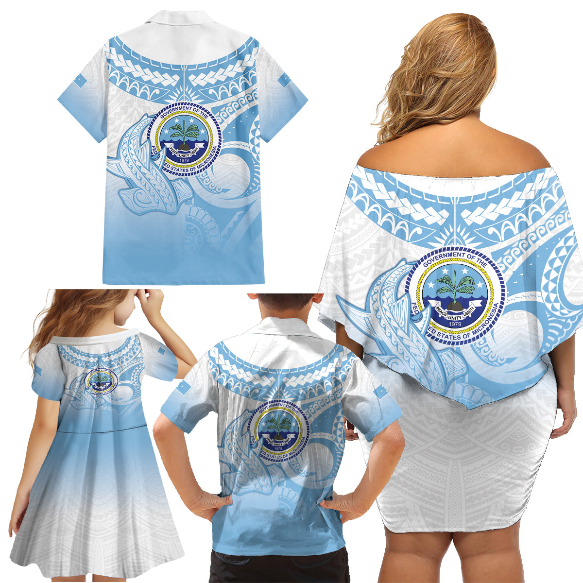 Micronesia Constitution Day Family Matching Off Shoulder Short Dress and Hawaiian Shirt Polynesian Tribal Tattoo Simple Style