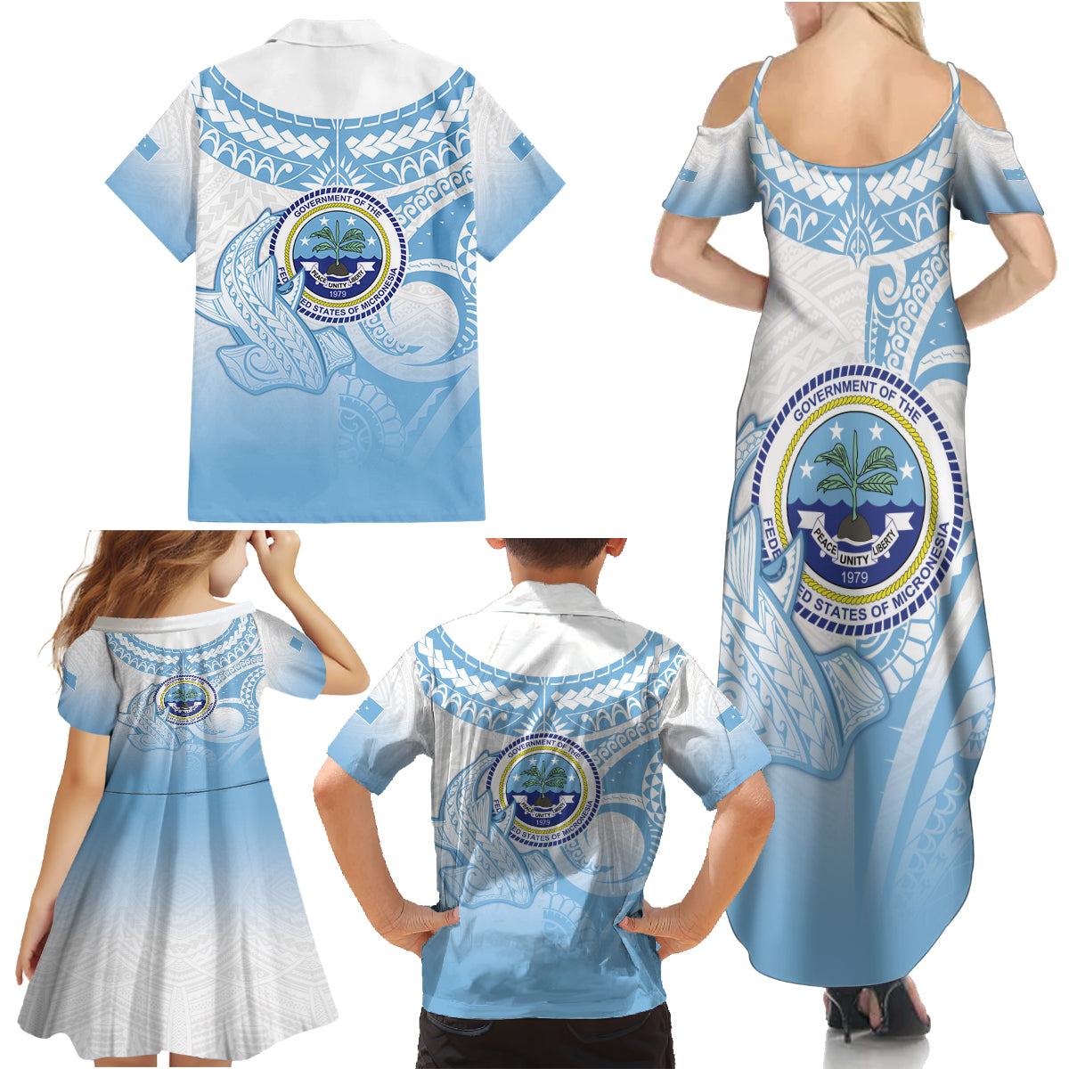 Micronesia Constitution Day Family Matching Summer Maxi Dress and Hawaiian Shirt Polynesian Tribal Tattoo Simple Style