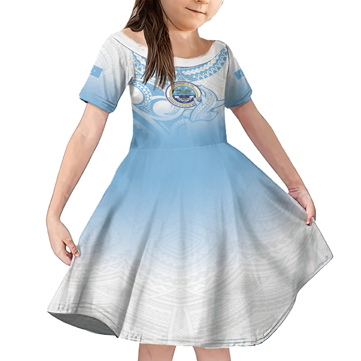 Micronesia Constitution Day Kid Short Sleeve Dress Polynesian Tribal Tattoo Simple Style