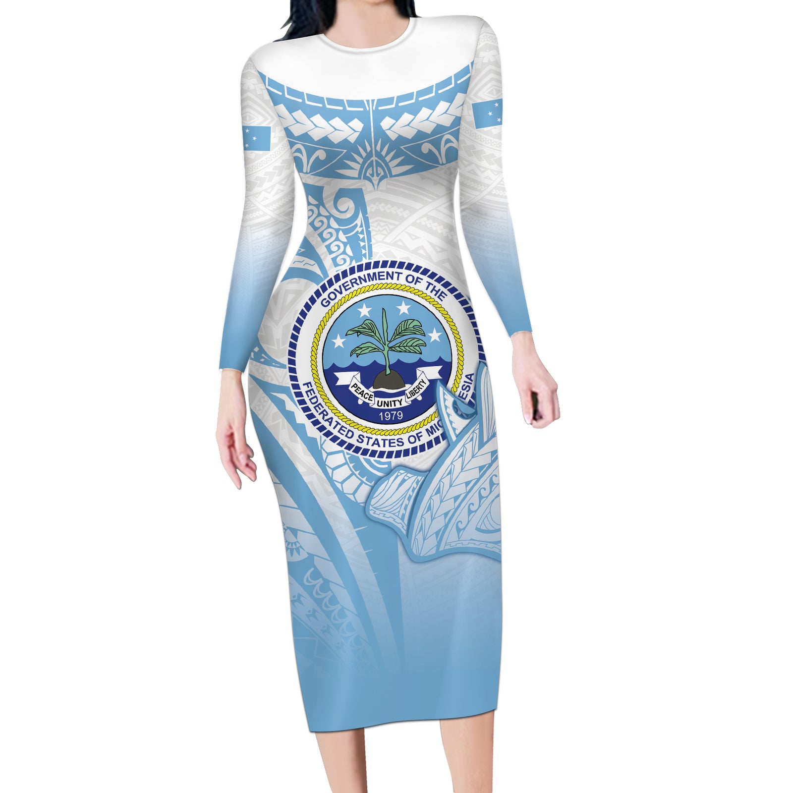Micronesia Constitution Day Long Sleeve Bodycon Dress Polynesian Tribal Tattoo Simple Style LT05 Long Dress Blue - Polynesian Pride